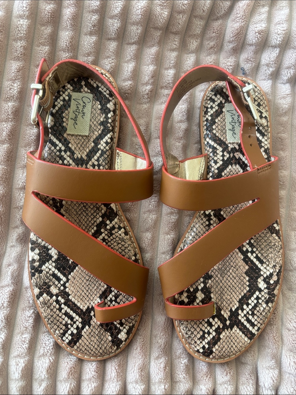 Crown Vintage Brown Leather Strappy Sandals with Snake-Print Footbed